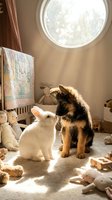 White rabbit and black-tan German Shepherd puppy playing together in sunlit nursery room with toys and circular window, friendship and companionship concept for children's content.