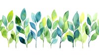 Watercolor green leaves border with various shades of teal and lime foliage creating fresh botanical composition.