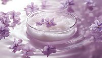 Luxurious face cream in glass jar surrounded by delicate purple lilac flowers on soft pastel background, creating dreamy spa and beauty atmosphere.