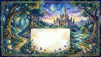 Fantasy landscape frame with enchanted castle, magical forest, crescent moon and ornate border surrounding blank white space for text or design elements.