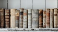 Row of vintage books with worn leather spines in muted tones standing on wooden shelf against light wall, creating nostalgic library atmosphere for education and literature concepts.