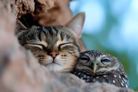 Unusual friendship between sleeping tabby cat and spotted owl resting together in close contact against blurred natural background, showing interspecies bonding moment.
