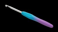 Crochet hook with gradient turquoise to purple ergonomic handle, isolated on transparent background, ready for crafting tutorials, product mockups, t-shirt designs, and print-on-demand materials.