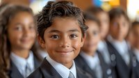 Young Latino student in school uniform smiling confidently at camera, with classmates blurred in background. Represents education, achievement and future success.
