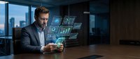 Caucasian businessman in suit using futuristic holographic tablet with glowing data dashboards in modern dark office boardroom.