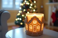 Glowing ceramic gingerbread house candle holder with warm light against blurred Christmas tree background creates cozy holiday atmosphere in living room setting.