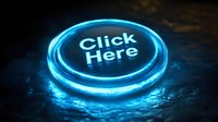 Glowing blue neon click here button on dark textured background with light reflection effect, modern digital web design element for online marketing.