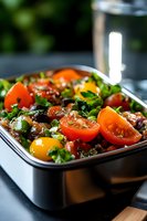 Fresh Mediterranean salad with colorful cherry tomatoes, black olives, and herbs in metal container, close up view with selective focus and natural light.