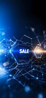 Glowing sale text in hexagonal frame with connected network lines on dark blue background. Digital technology concept for promotional marketing and advertising.
