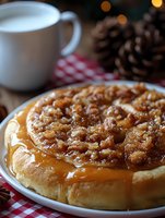 Freshly baked sticky caramel pecan roll on white plate with coffee cup and pinecone in background, served on red checkered cloth. Warm holiday breakfast.