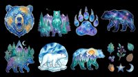 Watercolor galaxy bear clipart set with cosmic paw, forest, polar bear, and nature elements, isolated on transparent background. Ready for stickers, sublimation, and t-shirt design.