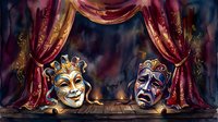 Ornate golden and silver theatrical masks with crowns displayed on stage beneath burgundy velvet curtains with gold trim and dramatic lighting for theater, performance, and entertainment design.