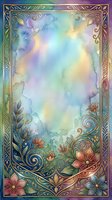 Watercolor floral frame with gold ornamental border, pastel blue, purple and green tones, botanical swirls and flowers, mystic card design.