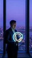 Professional businessman holding glowing circular arrow symbol in modern office overlooking city skyline at dusk for business innovation concepts.