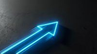 Glowing neon arrow pointing upward on dark textured background, representing growth, success, and forward momentum for business and technology concepts.