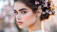 Young woman with pink cherry blossoms in hair during spring season. Natural makeup and elegant hairstyle for wedding or romantic portrait photography.
