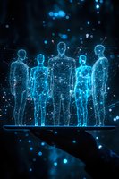 Glowing blue holographic figures made of connected dots and lines standing on digital platform against dark background with bokeh effects and particle elements.