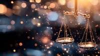 Golden scales of justice with magical bokeh lights and sparkles against dark background, symbolizing legal balance and fairness in law and court decisions.