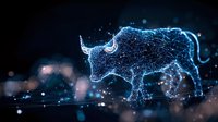 Glowing blue constellation bull shape with digital particle effect on dark background creates futuristic financial market symbol visualization.