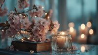Soft pink cherry blossoms with warm candle glow create peaceful spring ambiance for relaxation, meditation, wellness and home decor concepts.