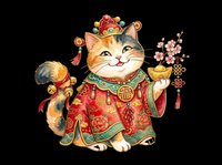 Cute lucky cat in traditional Chinese festive costume holding gold ingot and cherry blossoms, isolated on transparent background, for stickers, t-shirts, clipart.