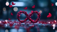 Infinity symbol formed by scattered red heart petals against dark background with bokeh lights creating romantic and dreamy atmosphere. Symbolic love concept.