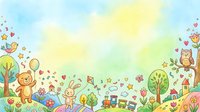 Young child with teddy bear and rabbit playing in colorful garden with toys, flowers, birds and butterflies. Whimsical nursery artwork for children's books, wall decor and educational materials.