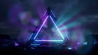 Futuristic neon triangle portal with glowing purple and blue lights creating mystical energy beams in dark cosmic space for sci-fi gaming backgrounds.