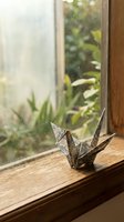 Origami paper crane sits on wooden windowsill with natural light streaming through glass and green plants visible outside creating peaceful zen atmosphere.