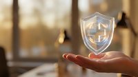 Young adult hand holding transparent shield with glowing cross symbol, representing faith protection, healthcare security, and spiritual wellness in modern church interior setting.