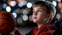 Young Caucasian boy in red hoodie holding basketball with dreamy expression against blurred city lights background. Youth sports and athletic dreams concept.