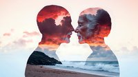 Romantic double exposure silhouette of couple facing each other against dramatic sunset sky and ocean waves, creating dreamy atmospheric mood for love concept.
