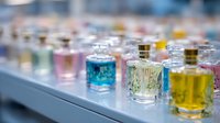 Colorful collection of luxury perfume bottles in various shapes and sizes displayed on illuminated shelf in cosmetic store.