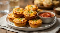 Savory egg muffins with vegetables and cheese served on white plate with tomato sauce, healthy breakfast or brunch option for meal prep and cooking.