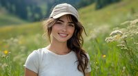 Young Caucasian woman with long brown hair and baseball cap smiling outdoors in summer meadow with wildflowers and green mountain landscape in background.