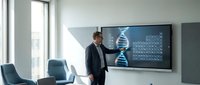 Professional businessman presenting DNA genetic data analysis on large display screen in modern conference room for scientific research presentation.