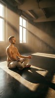 Shirtless young Caucasian male meditating in lotus position in sunlit industrial loft space with exposed beams and large windows, practicing mindfulness and yoga.