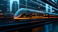 Modern high-speed train in motion with light trails and reflections at night, futuristic transportation concept with dramatic blue lighting effects and dynamic blur.