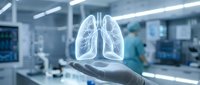Holographic lungs floating above medical professional hand in modern hospital operating room showcasing respiratory health technology and healthcare innovation.