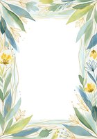 Watercolor botanical frame with yellow flowers, green and blue leaves, and gold accents on white background. Isolated design element suitable for invitations, cards, and digital projects.