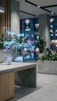 Futuristic holographic display showing data analytics and financial charts in modern office environment for business technology presentations.
