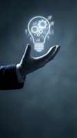 Businessman hand holding glowing lightbulb with gears, charts and growth arrows symbolizing innovation, strategy and business development for corporate success concepts.