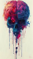 Artistic skull with exposed brain rendered in vibrant watercolor drips and splatters featuring gradient colors from warm red to cool blue, creating dramatic melting effect.