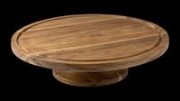 Wooden cake stand with round pedestal base, isolated on transparent background. Natural wood grain texture, ready for T-shirt, sticker, clipart, and print on demand use.