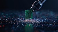 Glowing green microchip with electronic circuit pattern emerging from dark background with scattered light particles and bokeh effects. Modern technology concept.