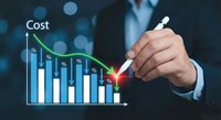 Businessman analyzing cost reduction chart with declining trend arrow showing financial optimization and expense management strategy for corporate growth.