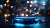 Futuristic holographic platform with glowing blue lights and bokeh background for product display, technology presentation and sci-fi design projects.