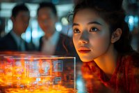 Young Asian woman looking at glowing holographic display with financial data in dark environment, illuminated by orange and blue ambient light.