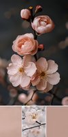 Delicate pink cherry and rose blossoms on dark background, macro photography with soft bokeh effect creates romantic spring atmosphere for wedding and floral designs.