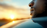Close up profile of African American man's face against golden sunset sky, showing peaceful expression and natural lighting for wellness and mindfulness concepts.